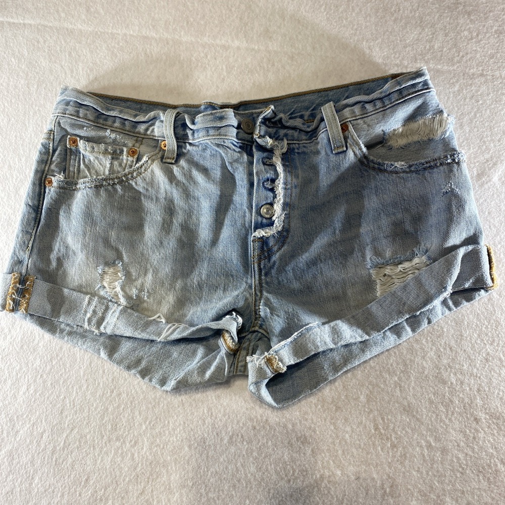 Levi's 501 High Rise Cutoff Shorts W28 Button Fly Distressed Light Wash - Picture 1 of 8